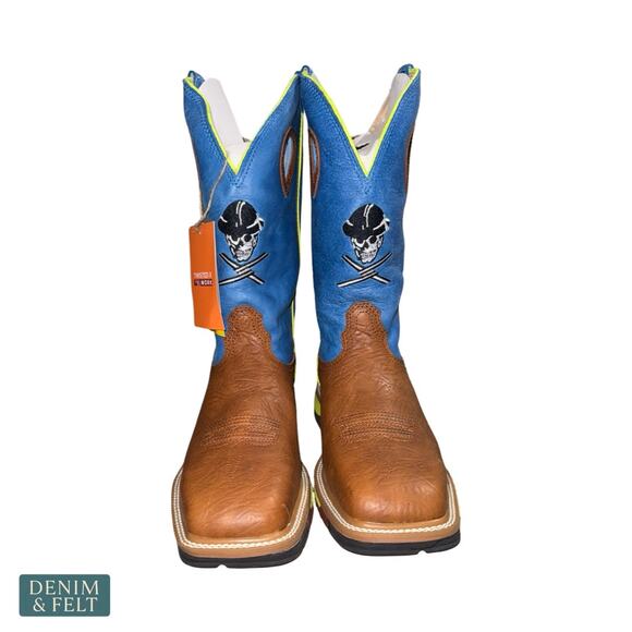 NEW Twisted X Lite Western Steel Toe‎ Work Boots Brown Neon Blue Skull Size 7.5D main image 14